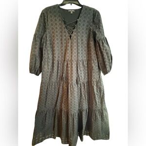 Brooks Brothers Eyelet Midi Dress Black size 12 Boho Peasant Cotton Lined